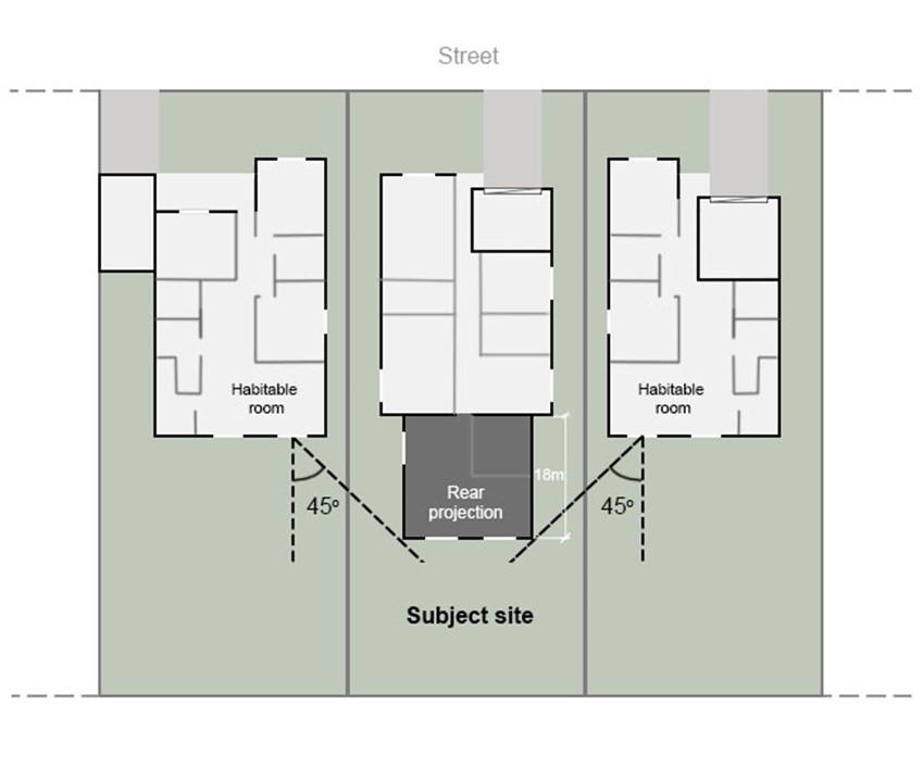 Figure D3.04: 45 degree rear window of neighbouring dwelling house projection in the R2 Low Density Residential zone